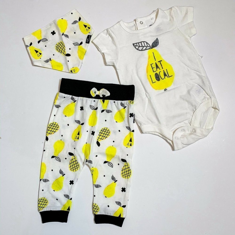Mini Heroes Outfit Baby Girl‎ 6M 3 Piece I EAT LOCAL Yellow Black Set